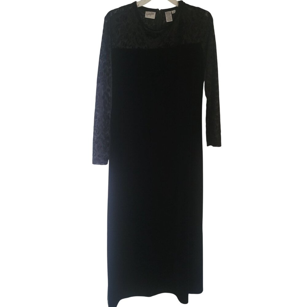 Elegant Black Velvet Evening Gown With‎ Sheer Lace Sleeves & Floral Detail lace